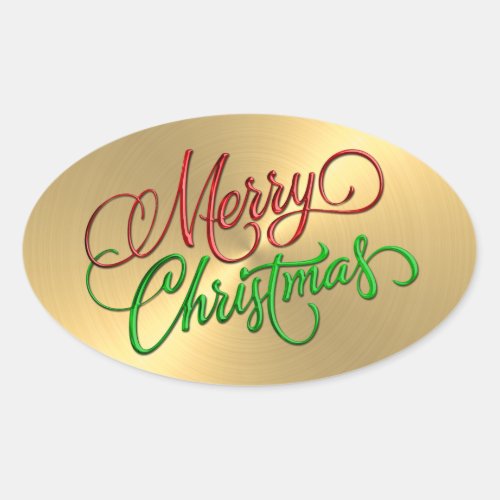 Merry Christmas Red Green Gold  Embossed Look Oval Sticker