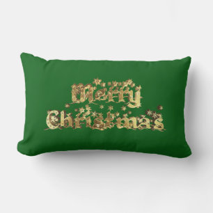 Merry Christmas Red Green Gold Star Typography Lumbar Pillow