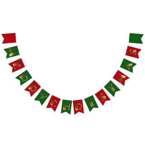 Merry Christmas Red Green Golden Text Typography Bunting Flags