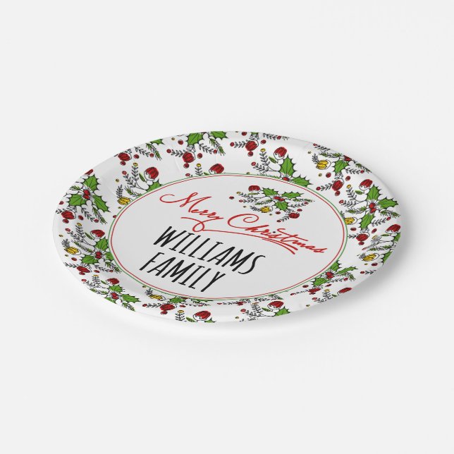 Merry Christmas red green holly berry holidays Paper Plates (Angled)