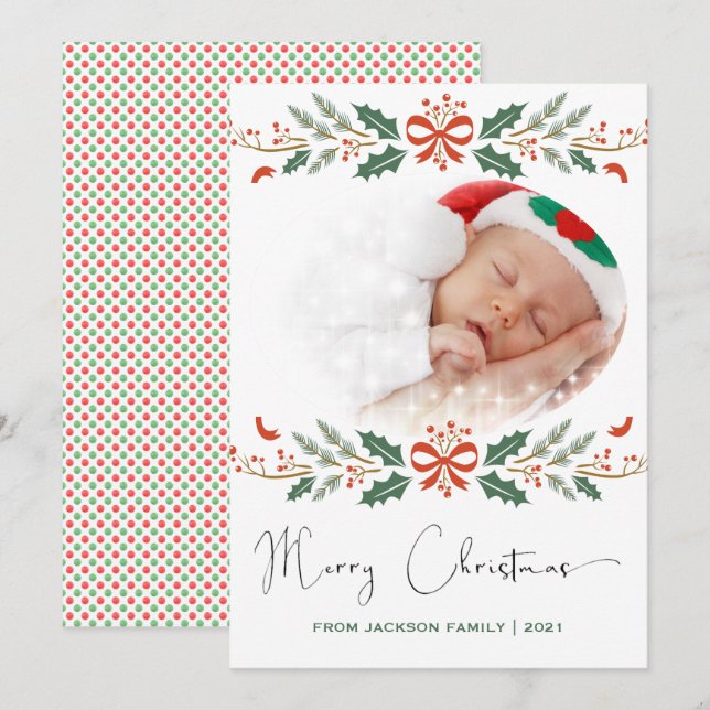 Merry Christmas Red Green Modern Photo Holiday Card (Front/Back)