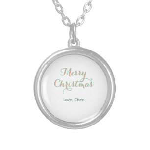 merry christmas red green name love stylish modern silver plated necklace