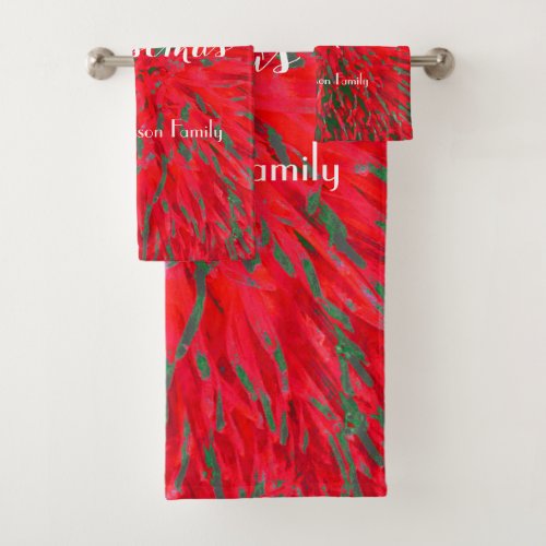 Merry Christmas Red Green Personalized Name Bath Towel Set