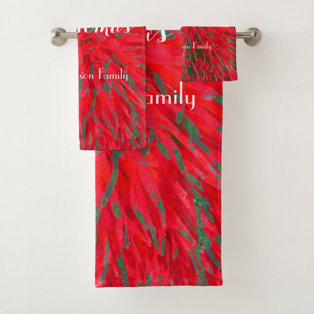 Merry Christmas Red Green Personalized Name Bath Towel Set (Insitu)