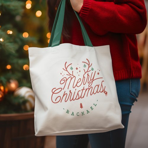 Merry Christmas Red Green Personalized Reindeer Tote Bag