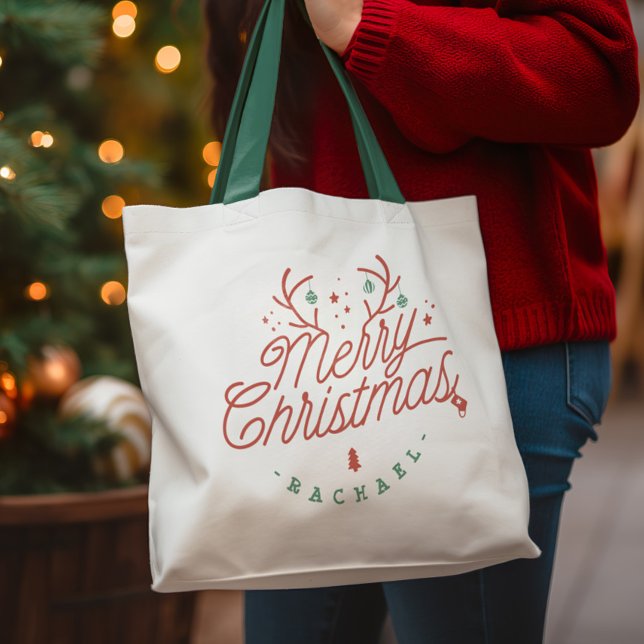 Merry Christmas Red Green Personalized Reindeer Tote Bag (Merry Christmas Red Green Personalized Reindeer Tote Bag)