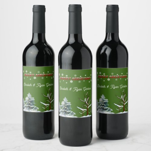 Merry Christmas Red Green Pine Trees Snowflakes   Wine Label