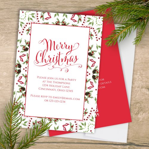 Merry Christmas Red Green Pinecone Party QR Code Invitation