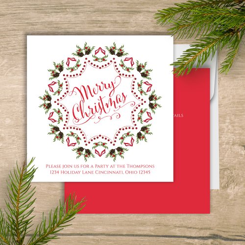Merry Christmas Red Green Pinecone Party QR Code Invitation
