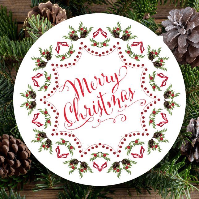 Merry Christmas Red Green Pinecone Party QR Code Invitation (Merry Christmas holiday party invitation with whimsical calligraphy script. )