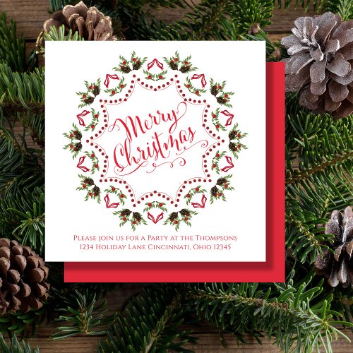 Merry Christmas Red Green Pinecone Pattern Party Invitation