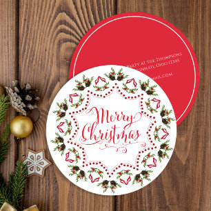 Merry Christmas Red Green Pinecone Wreath Circle Invitation