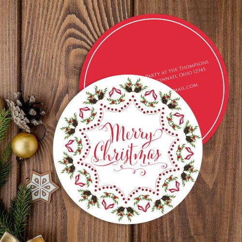 Merry Christmas Red Green Pinecone Wreath Circle Invitation