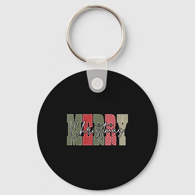 Merry Christmas Red Green Plaid Checkered Xmas Gir Keychain (Front)