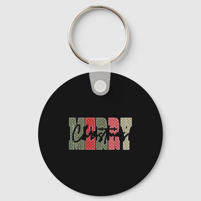 Merry Christmas Red Green Plaid Checkered Xmas Gir Keychain (Front)