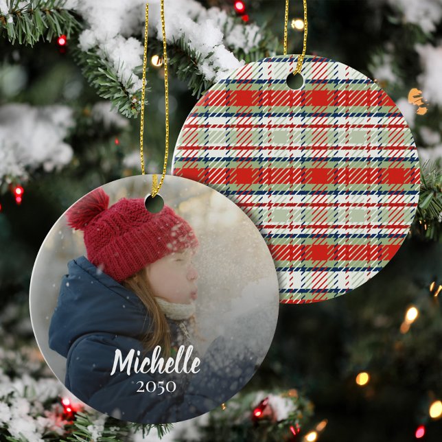 Merry Christmas Red Green Plaid Custom Photo  Ceramic Ornament (Christmas Photo Ornament with red and green plaid and personalized with name and year.)