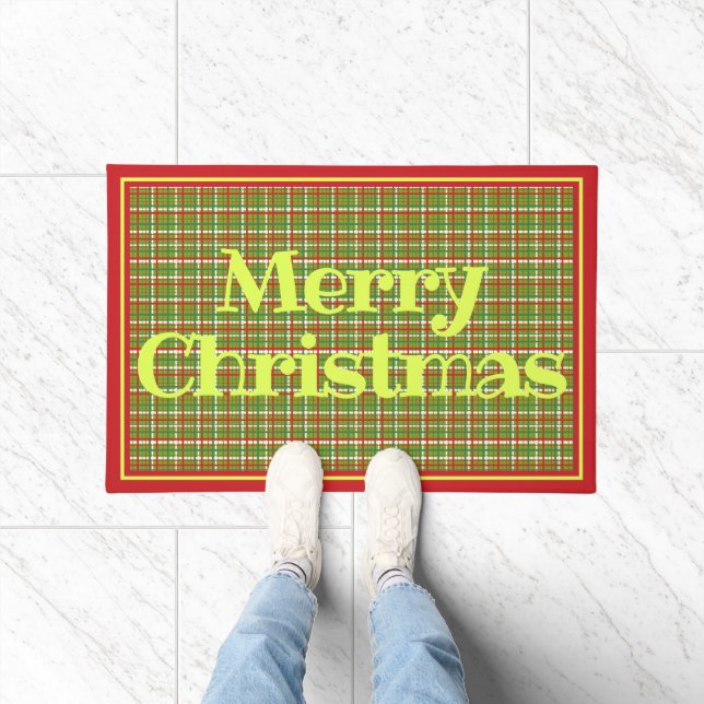 Merry Christmas Red Green Plaid Design Doormat (Indoor)