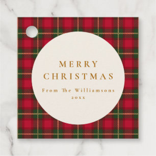 Merry Christmas Red Green Plaid Family Name Favor Tags
