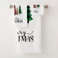 Merry Christmas Red Green Plaid Trees  Bath Towel Set