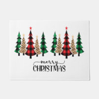 Merry Christmas Red Green Plaid Trees Doormat