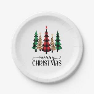Merry Christmas Red Green Plaid Trees Paper Plates