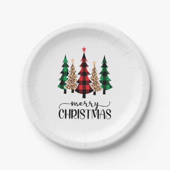 Merry Christmas Red Green Plaid Trees Paper Plates (Front)