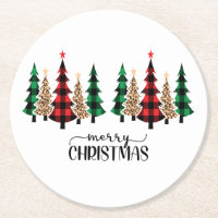 Merry Christmas Red Green Plaid Trees  Round Paper Coaster