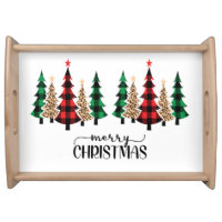 Merry Christmas Red Green Plaid Trees  Serving Tray