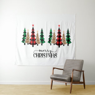 Merry Christmas Red Green Plaid Trees Tapestry