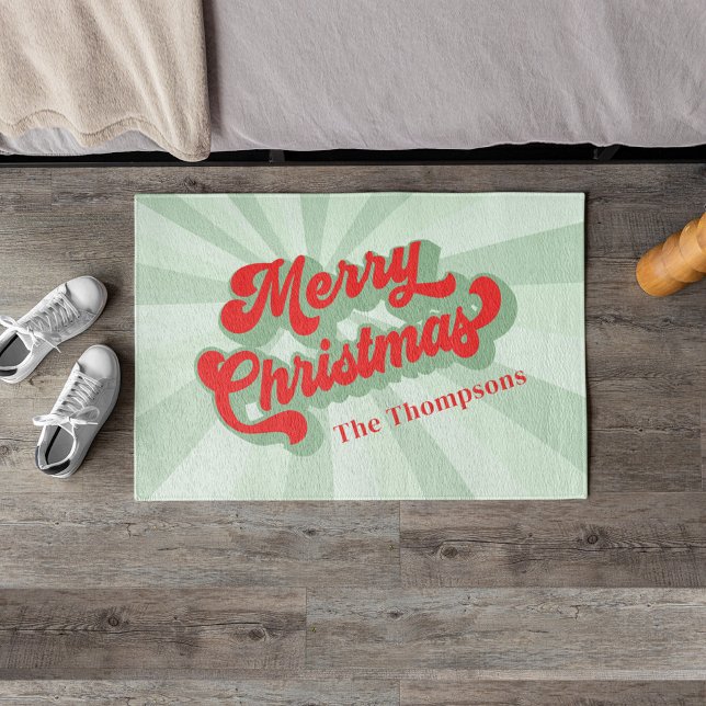 Merry Christmas Red Green Retro Calligraphy Script Outdoor Rug (Merry Christmas cute retro style calligraphy red and green doormat.)