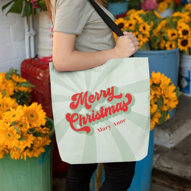 Merry Christmas Red Green Retro Custom Tote Bag (Merry Christmas retro style red and green tote bag)