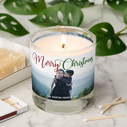 Merry Christmas Red Green Script 2 Photo Gift Scented Candle