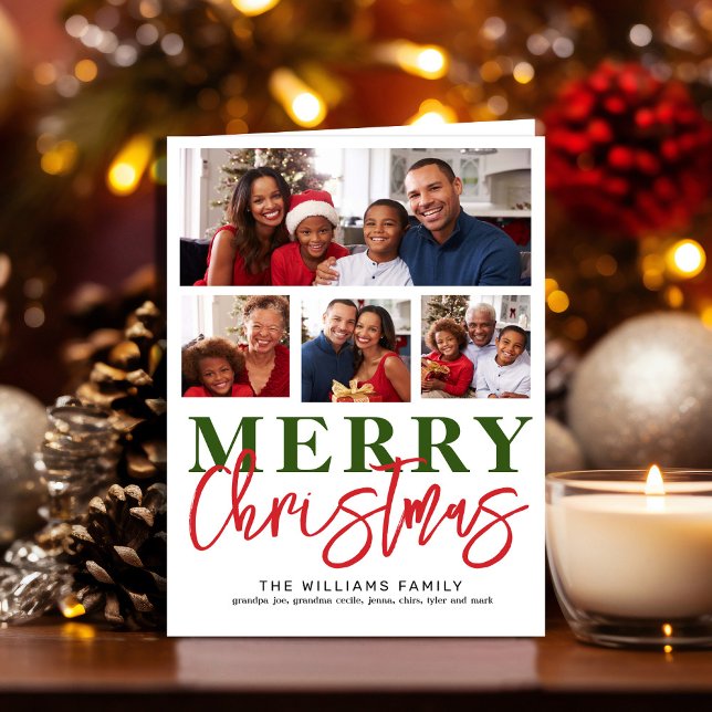 Merry Christmas Red Green Script 4 Family Photo Holiday Card (Family Photo Collage folded Christmas card)