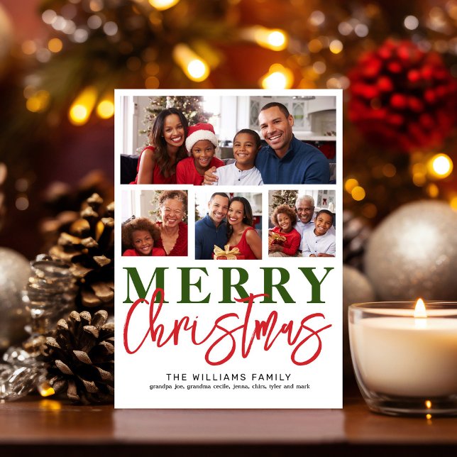 Merry Christmas Red Green Script 4 Family Photo Holiday Card (Merry Christmas 4 photo Family Holiday Card)