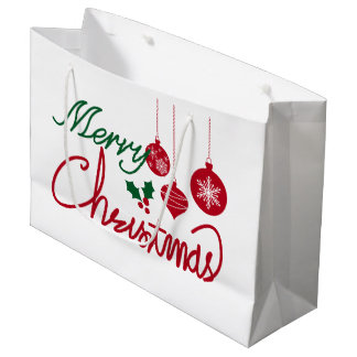Merry Christmas Red & Green Script With Ornaments Large Gift Bag