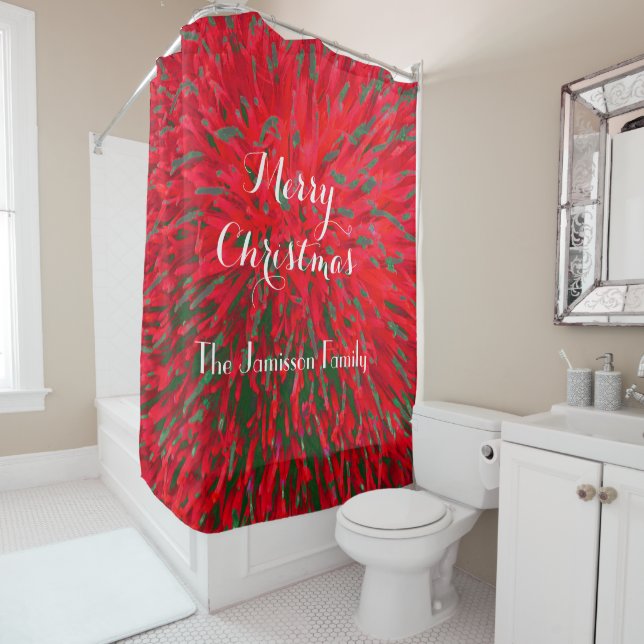 Merry Christmas Red Green Seasonal Abstract, Name, Shower Curtain (In Situ)