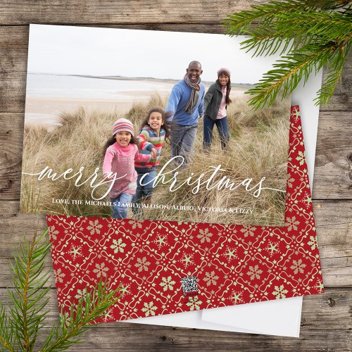 Merry Christmas Red Green Snowflake 1 Photo Holiday Card