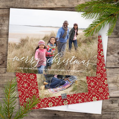Merry Christmas Red Green Snowflake Two Photo Holiday Card