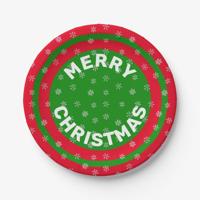 Merry Christmas Red Green & Snowflakes 7" Paper Plates (Front)