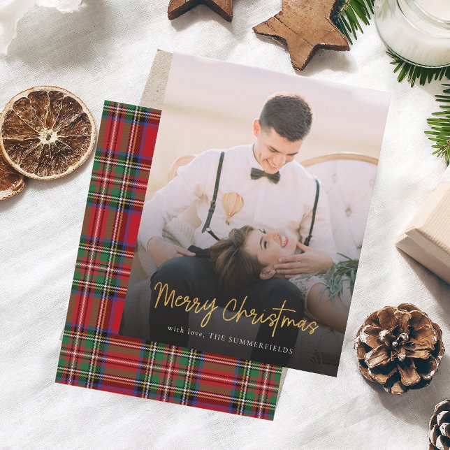 Merry Christmas Red Green Stewart Tartan Photo Note Card (Rustic Christmas Photo Tartan Greetings Card)