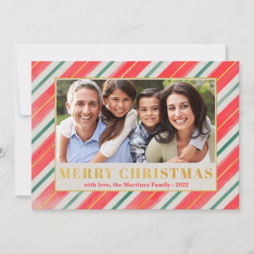 Merry Christmas Red Green Stripe Photo Christmas Holiday Card