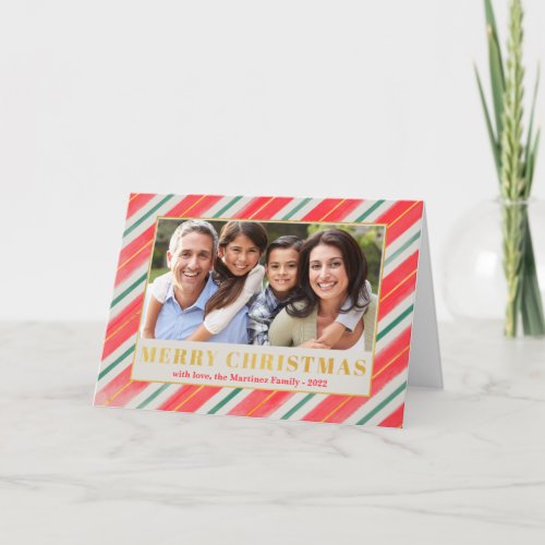 Merry Christmas Red Green Stripe Photo Christmas Holiday Card