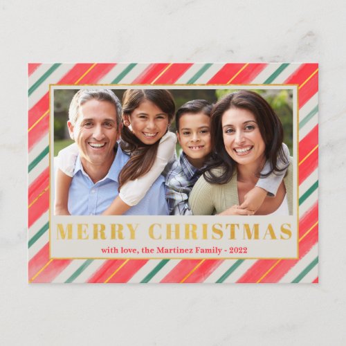 Merry Christmas Red Green Stripe Photo Christmas Holiday Postcard