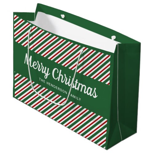 Merry Christmas Red Green Striped Pattern Large Gift Bag