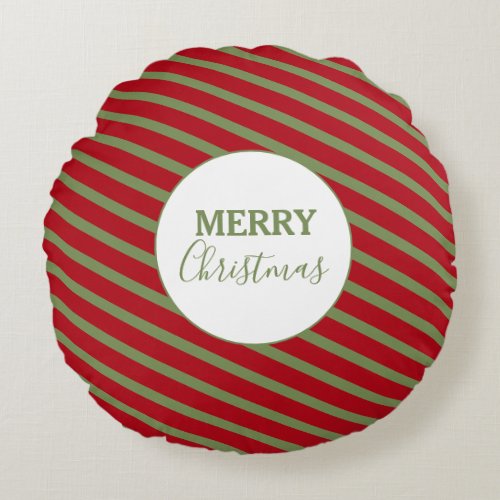 Merry Christmas Red  Green Stripes  Round Pillow