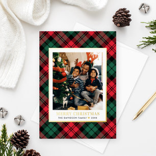 Merry Christmas Red Green Tartan Plaid Photo Foil Holiday Card