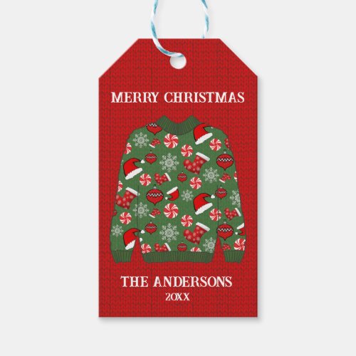 Merry Christmas Red Green Ugly Sweater Gift Tags