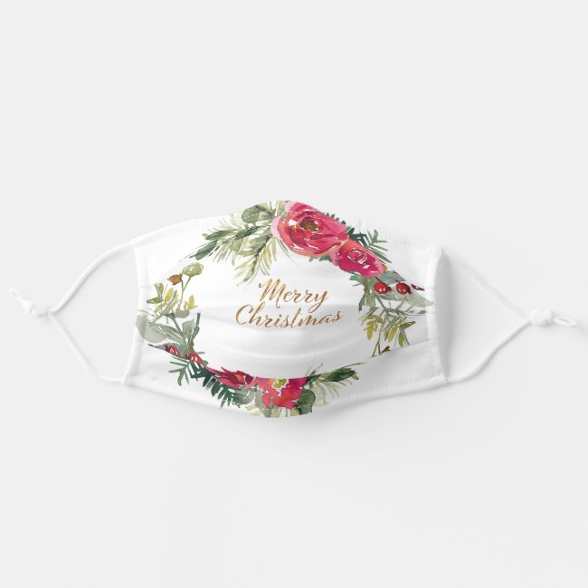 Merry Christmas Red Green Watercolor Floral Adult Cloth Face Mask