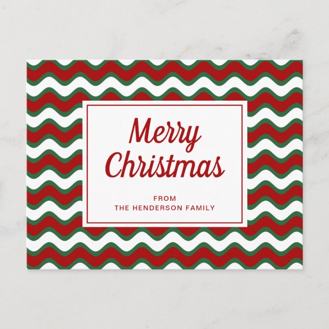 Merry Christmas Red Green Wave Stripes   Postcard (Front)