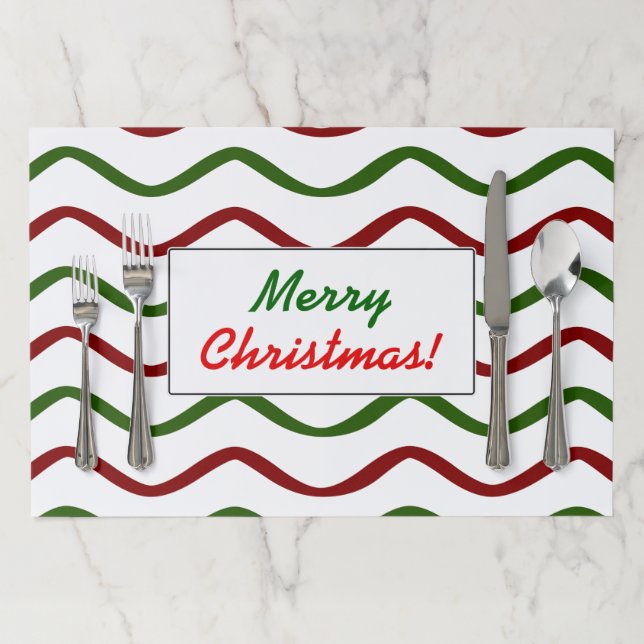 "Merry Christmas!"; Red & Green Wavy Lines Pattern Paper Placemat (In Situ)